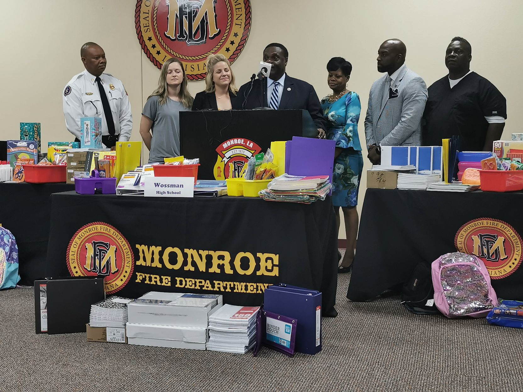 MFD donates school supplies to Children's Coalition, Wossman, K-9